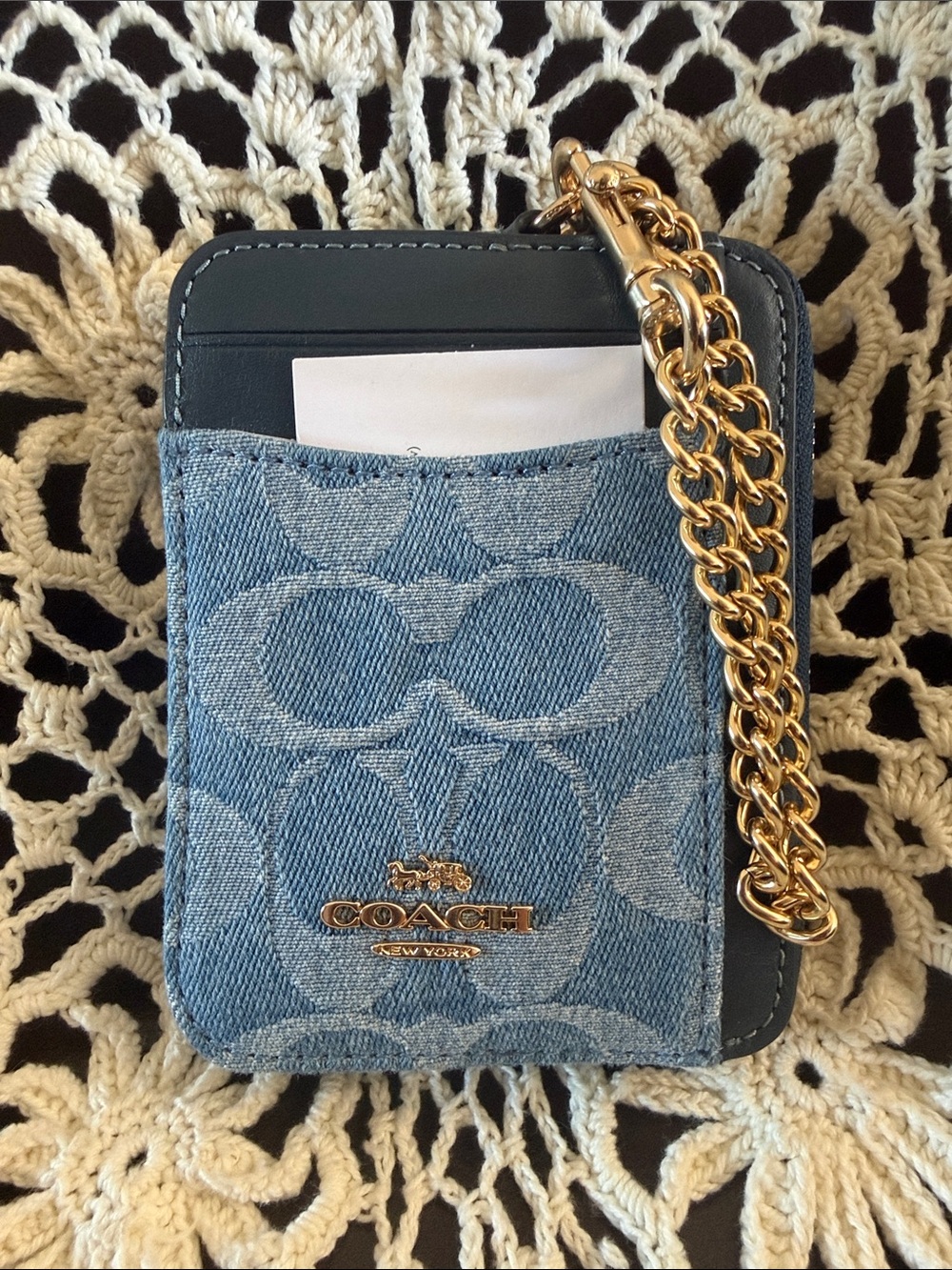 Coach Denim Card Wallet with Gold Chain- Blue & Black